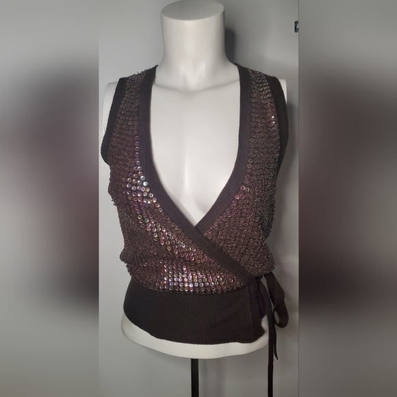 NANETTE LEPORE-size M - sweater/wrap top vest 100% wool with beaded sequins - Picture 1 of 9